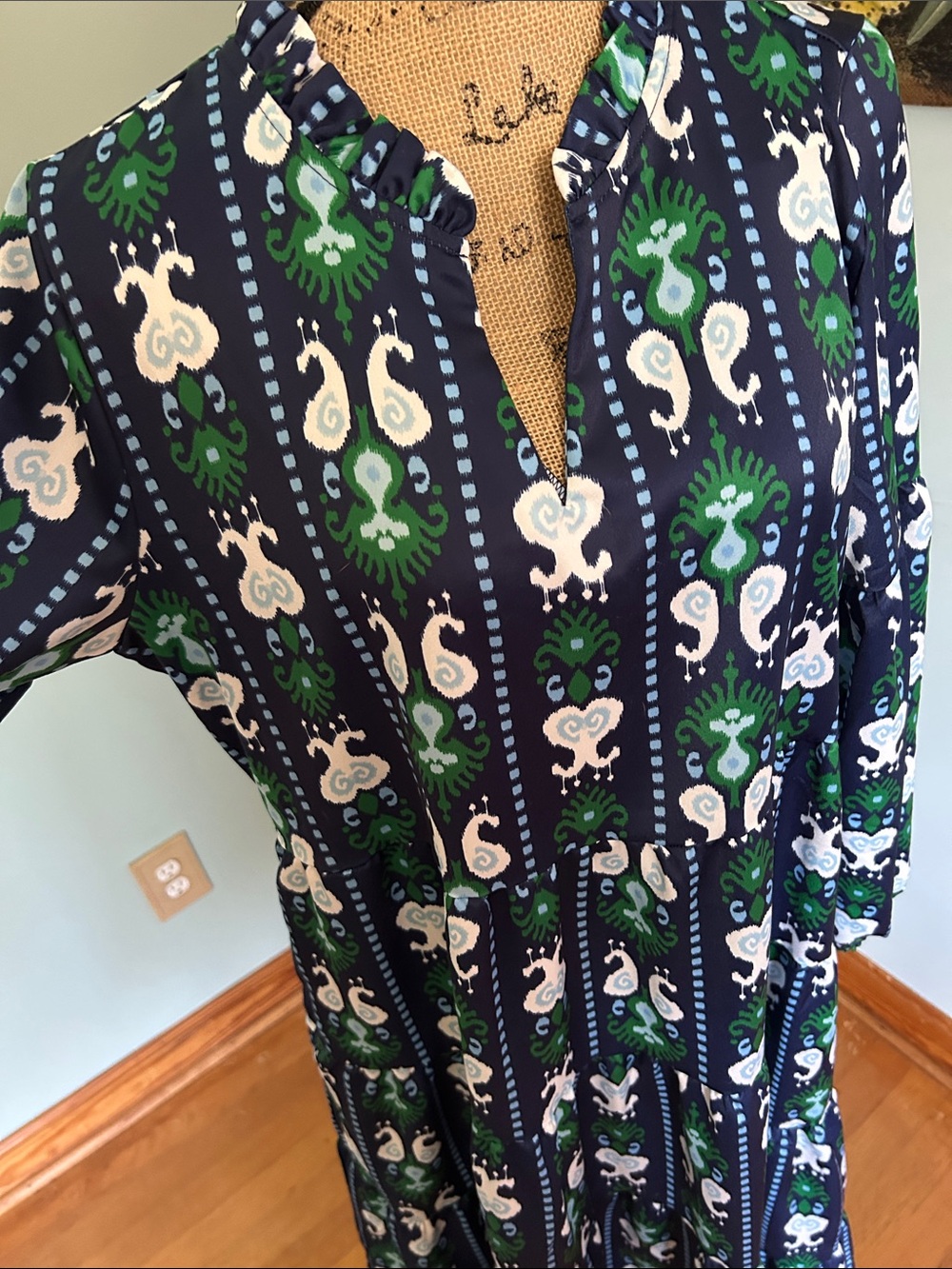 Women’s Navy Green White Printed Midi Dress - Picture 5 of 10